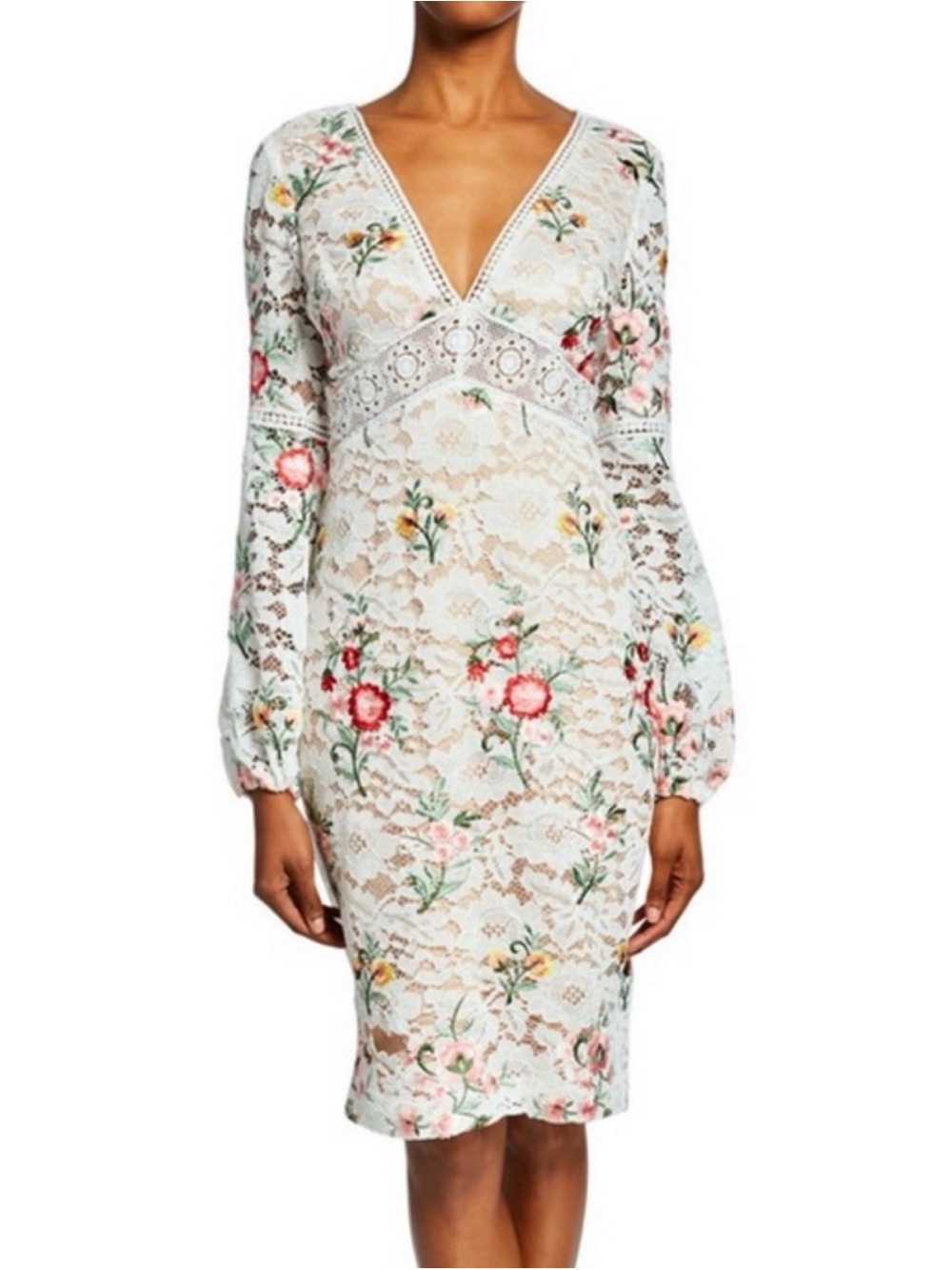 Badgley Mischka Size 14 White Lace Floral V-Neck Long Sleeve Sheath Dress
